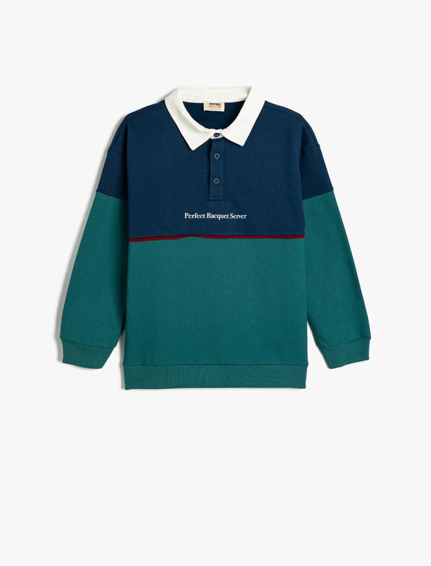 Oversize Sweatshirt Polo Yaka Baskı Detaylı Düğmeli Uzun Kollu_0