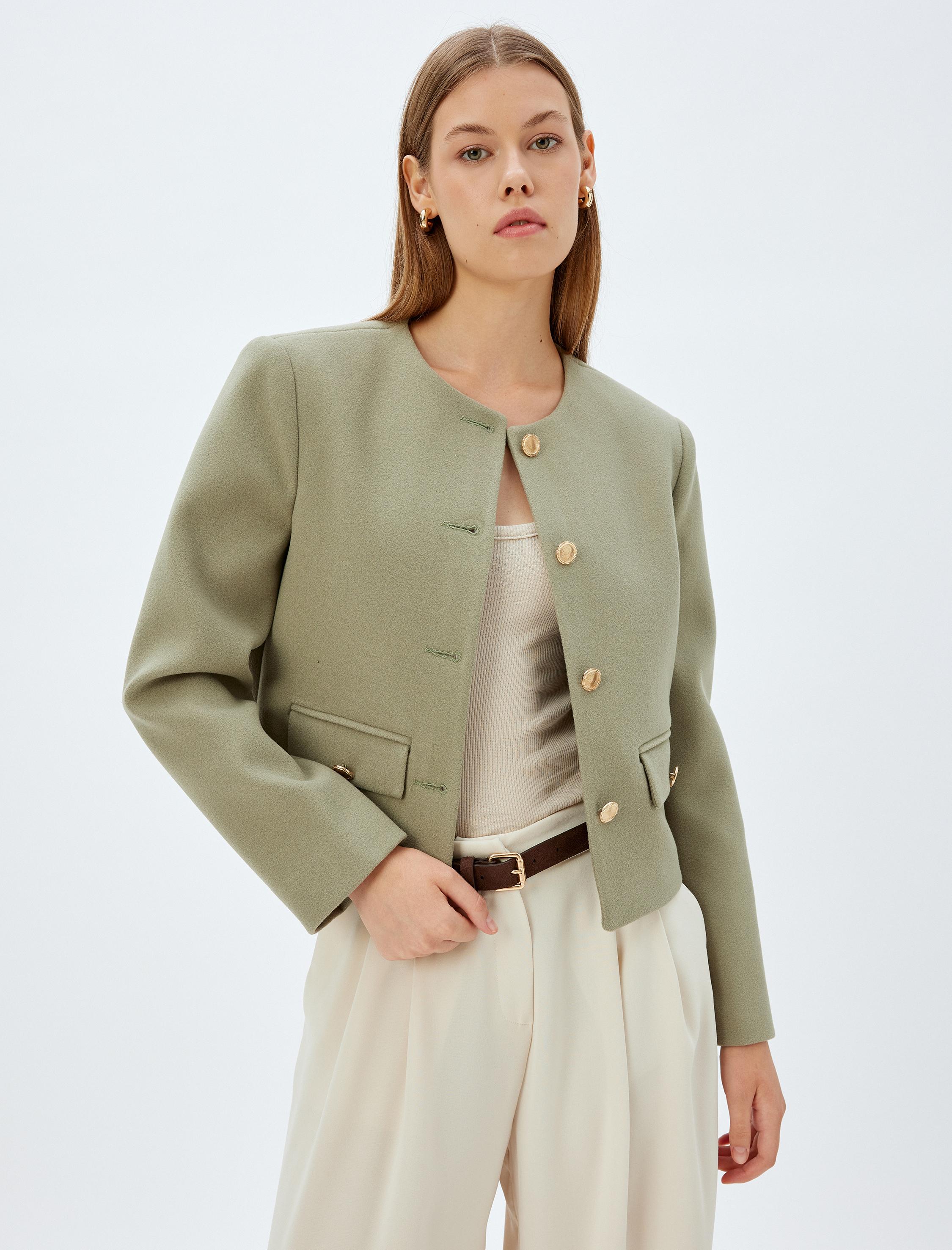 Yakasız Cep Detaylı Slim Fit Crop Ceket