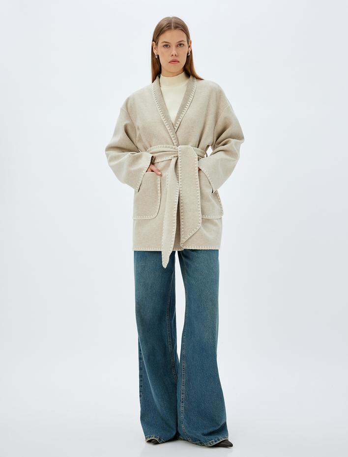  Uzun Kruvaze Kaban Şal Yaka Kemerli Kroşe Detaylı Cepli