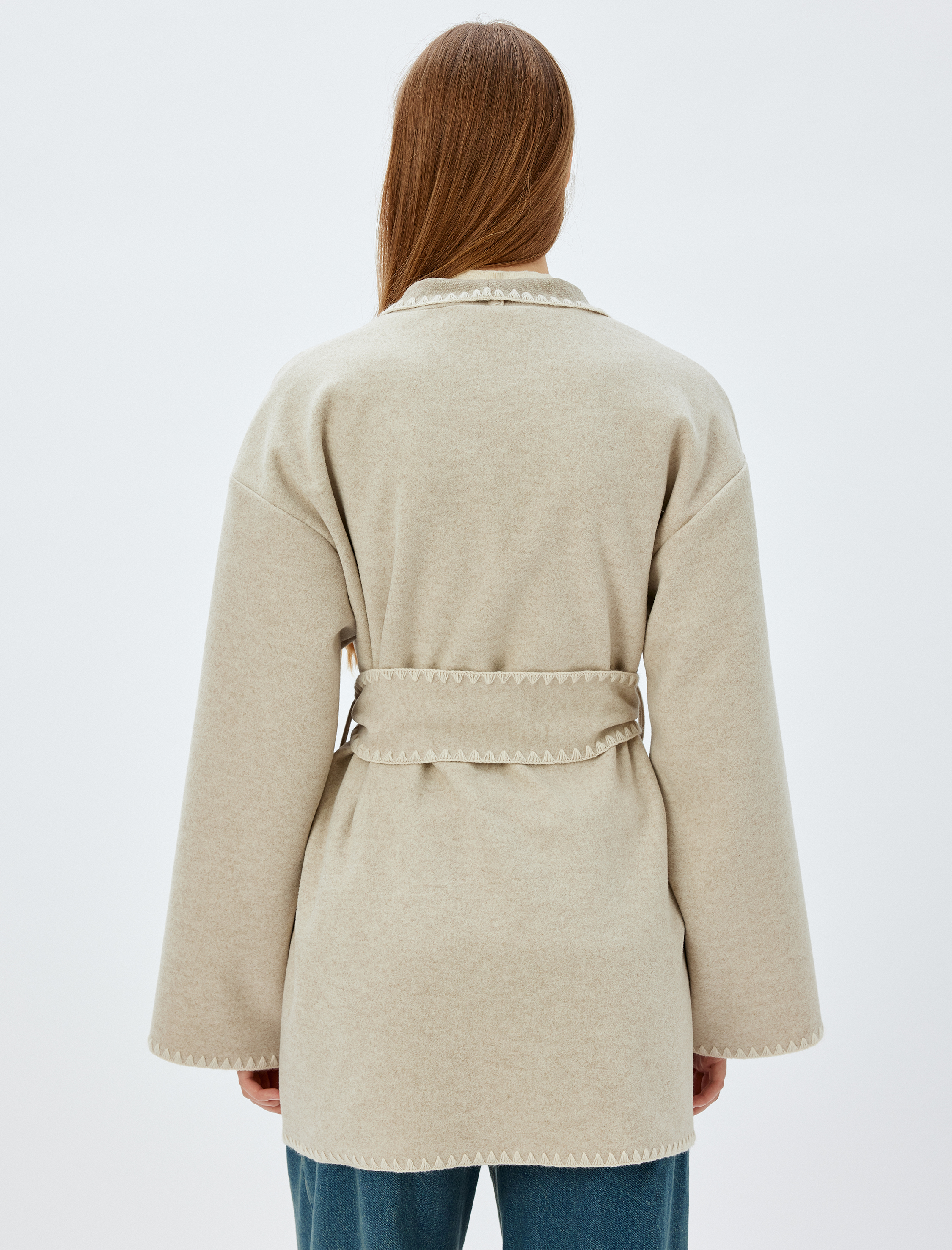   Uzun Kruvaze Kaban Şal Yaka Kemerli Kroşe Detaylı Cepli