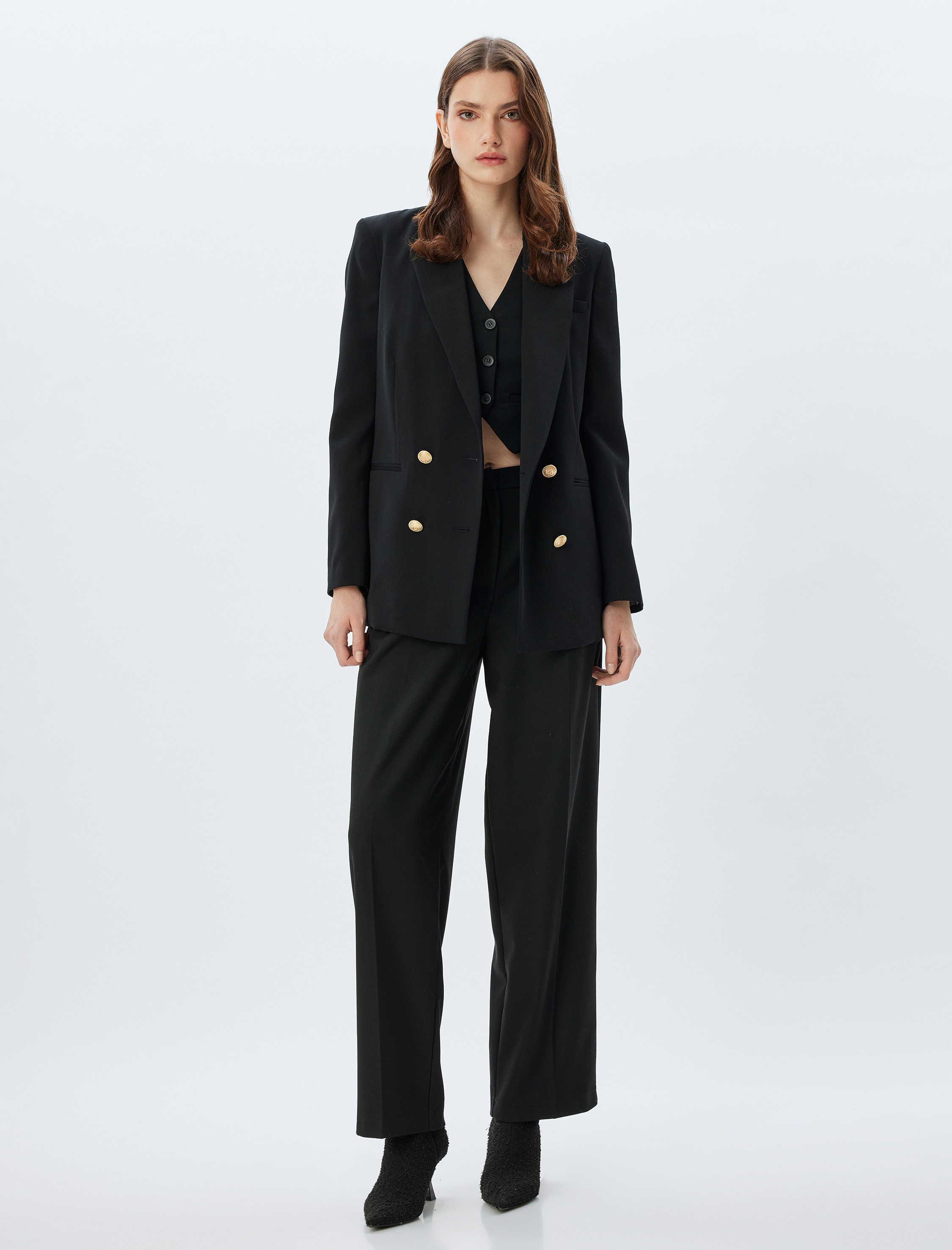 Pileli Cep Detaylı Düz Paça Kumaş Pantolon