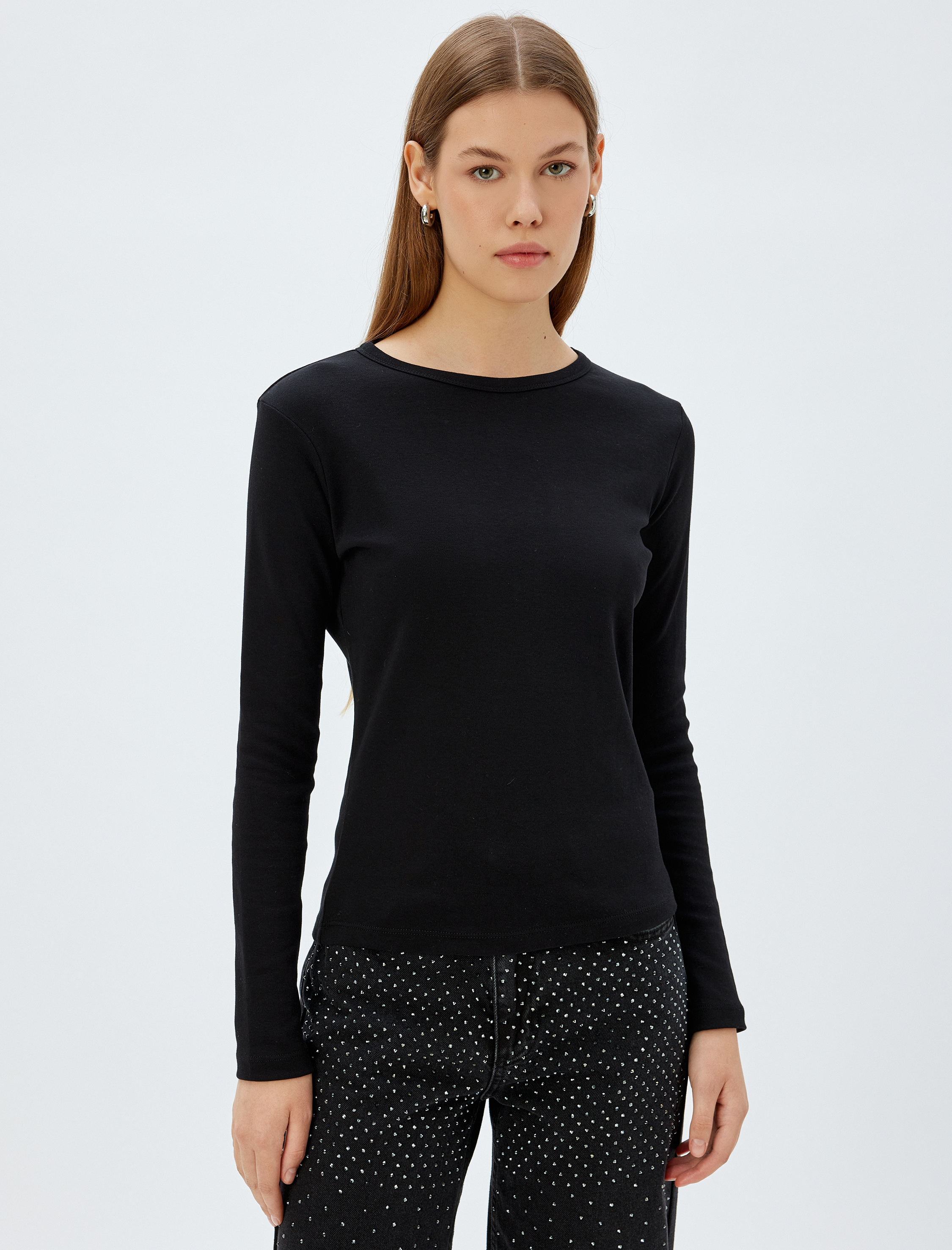   Basic Uzun Kollu Bisiklet Yaka Pamuklu Tişört