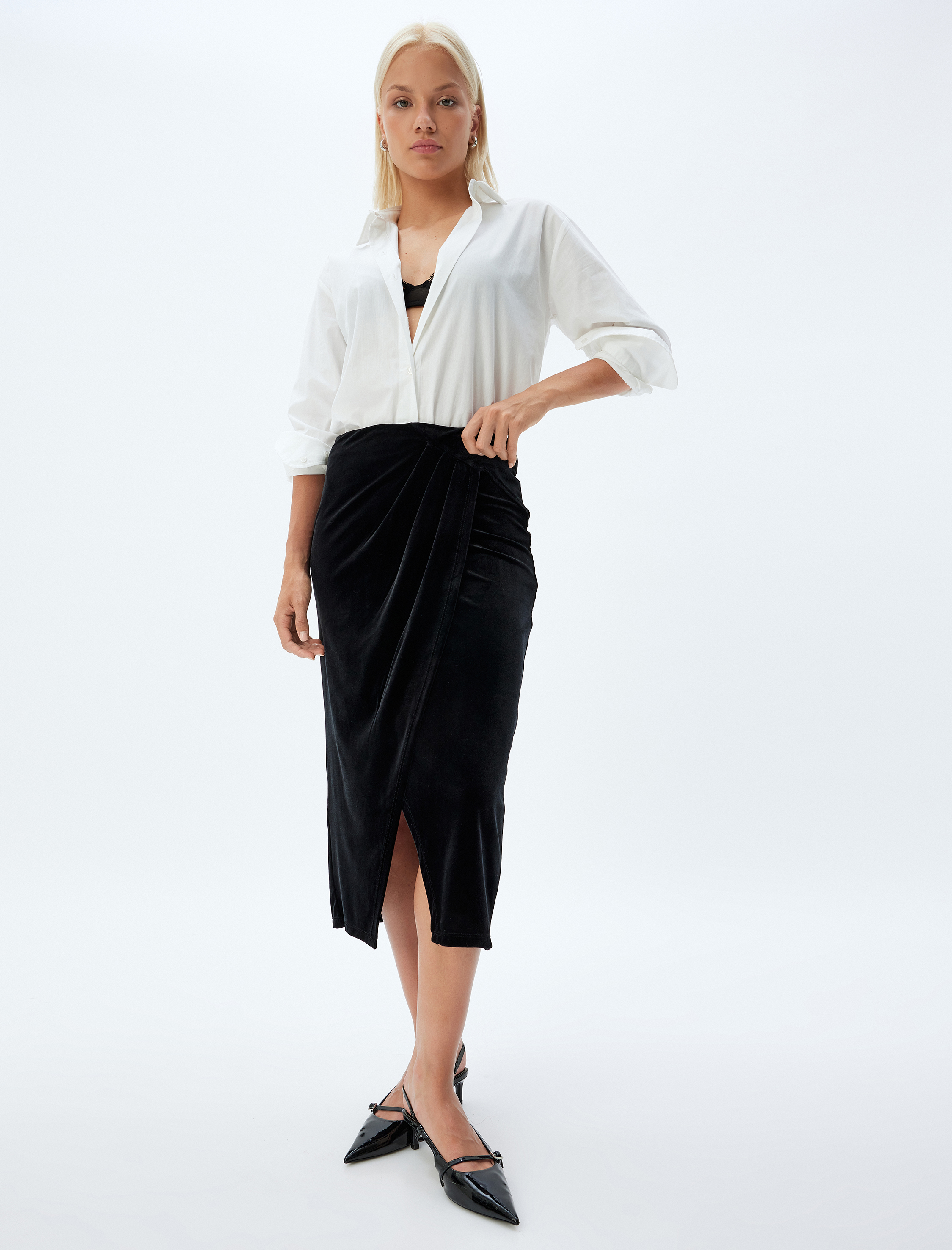Koton Kadın Kruvaze Kadife Etek Midi Boy Asimetrik Slim Fit