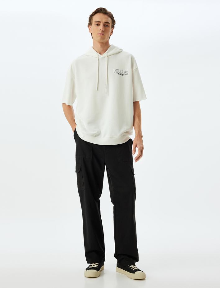  Spor Sweatshirt Oversize Kapşonlu Slogan Baskılı Yarım Kollu Pamuk Karışımlı