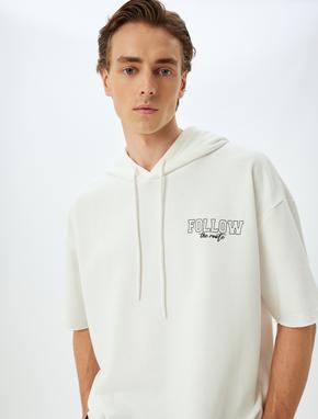 Spor Sweatshirt Oversize Kapşonlu Slogan Baskılı Yarım Kollu Pamuk Karışımlı