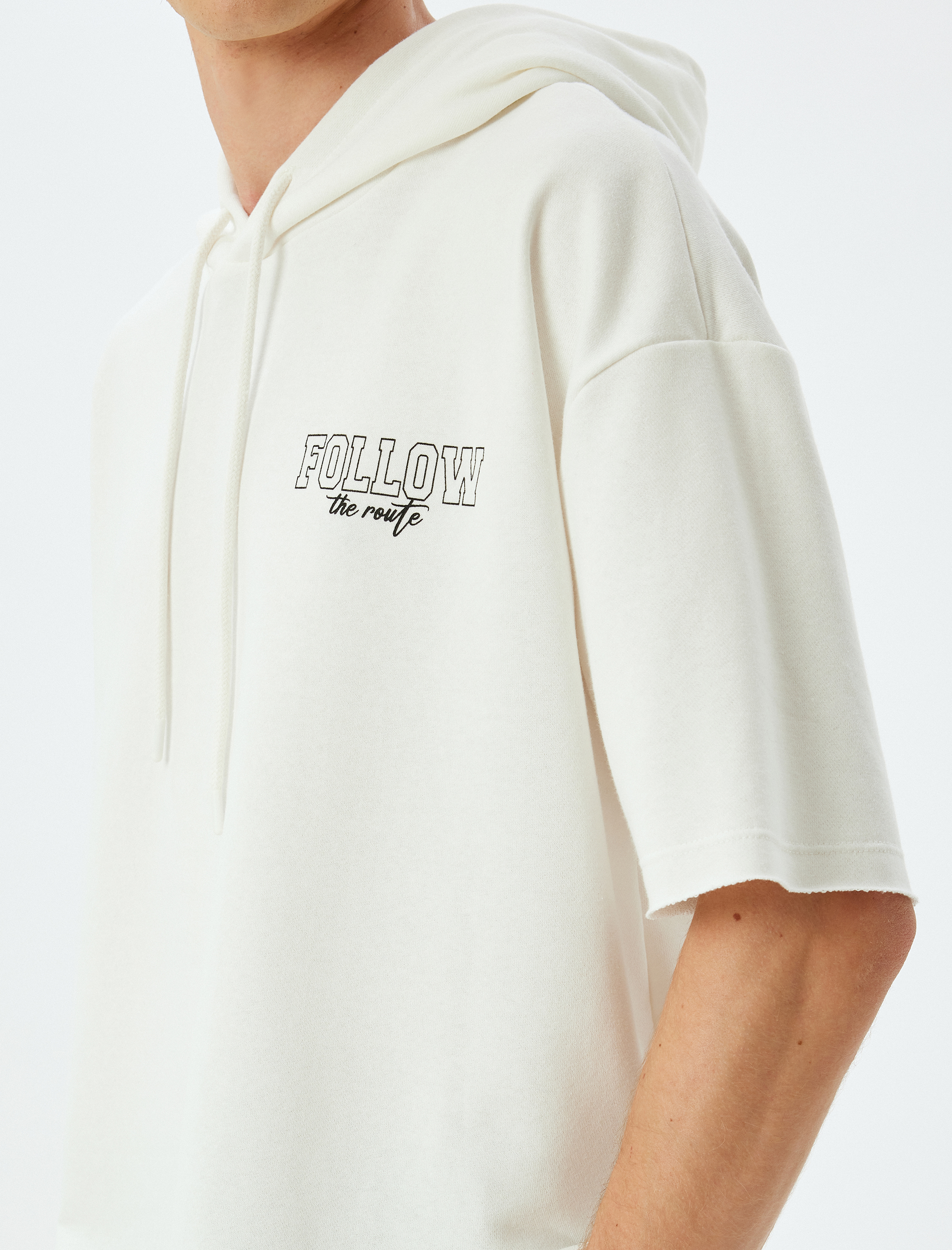 Spor Sweatshirt Oversize Kapşonlu Slogan Baskılı Yarım Kollu Pamuk Karışımlı