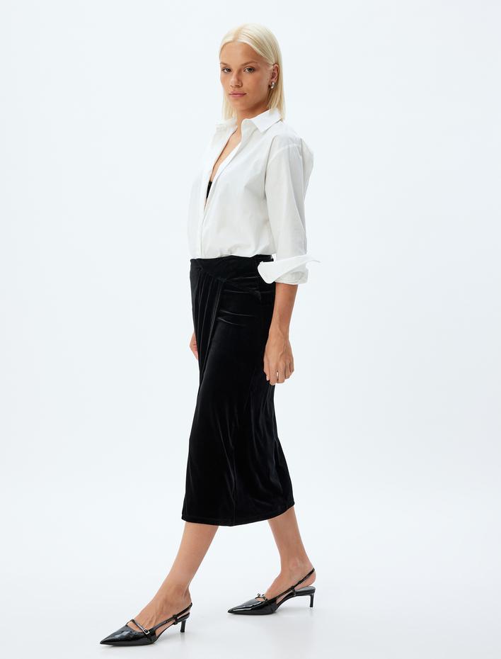  Kruvaze Kadife Etek Midi Boy Asimetrik Slim Fit