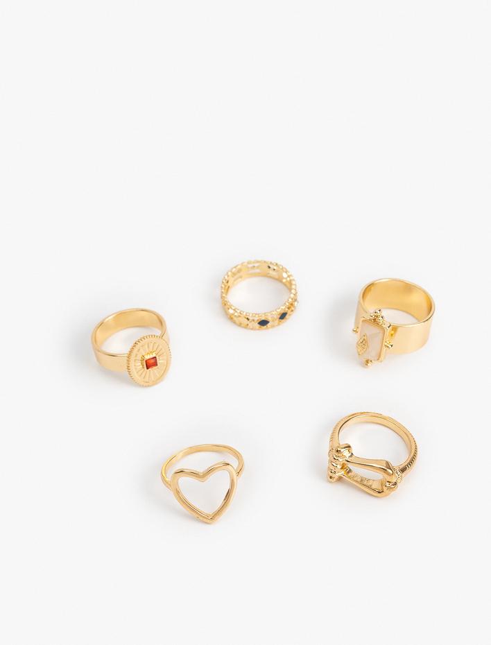 Kadın Yüzük Seti 5'li Çelik Karışımlı Kalpli Taş Detaylı