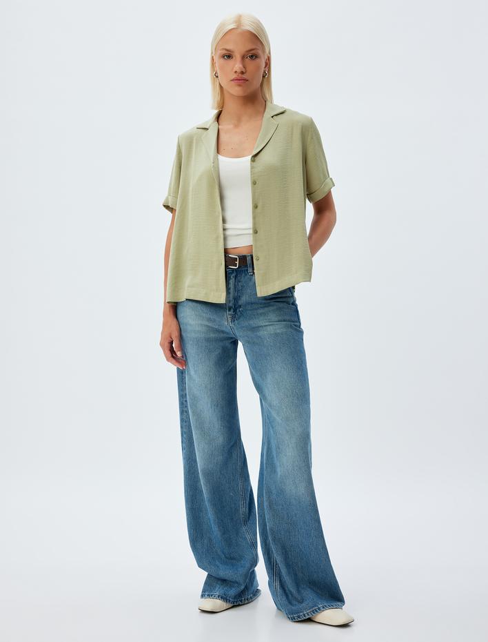  Kısa Kollu Bluz Ceket Yaka Düğmeli Dokulu