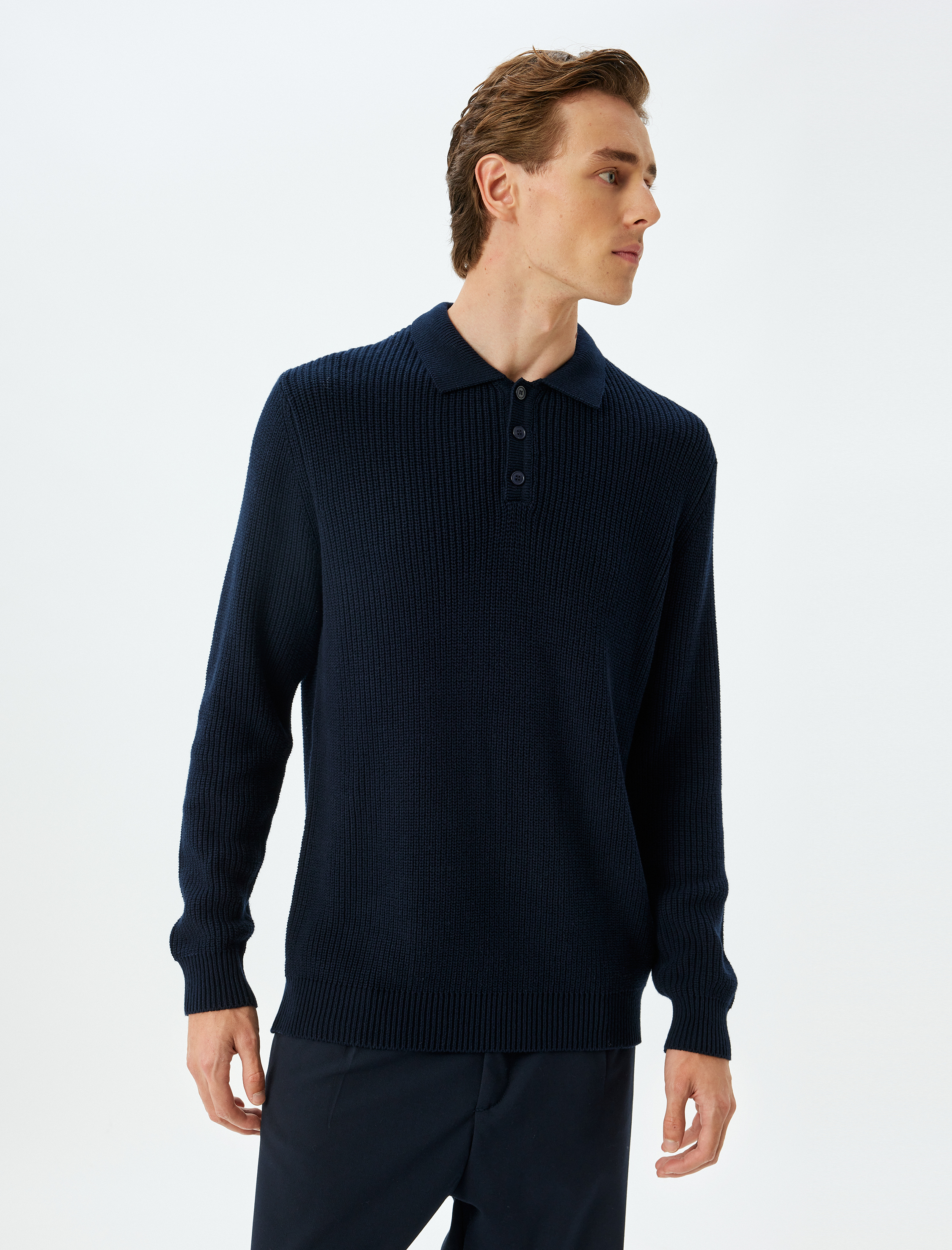   Kışlık Triko Kazak Polo Yaka Basic Düğmeli Pamuklu