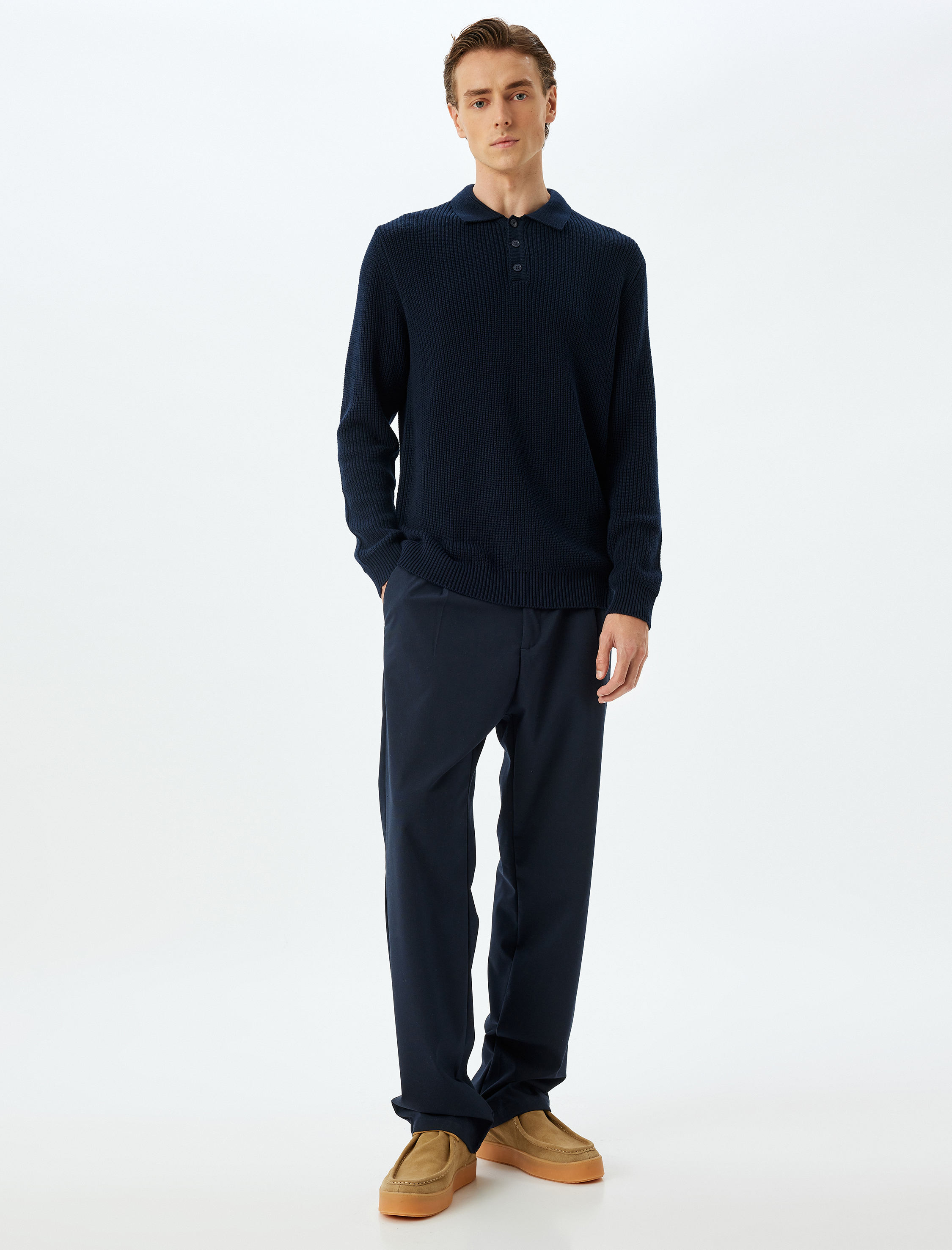   Kışlık Triko Kazak Polo Yaka Basic Düğmeli Pamuklu