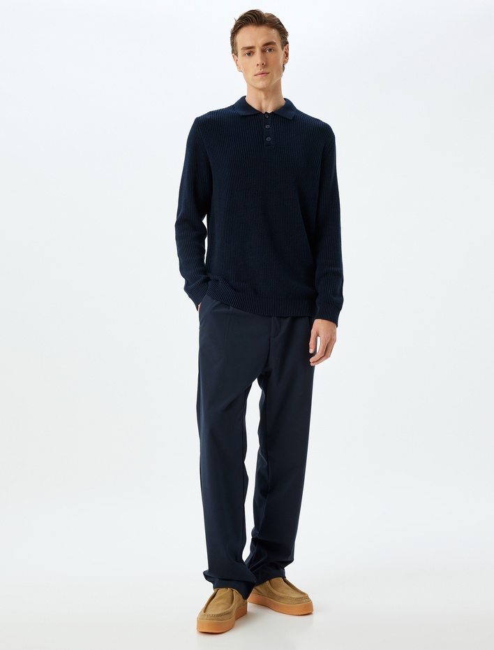  Kışlık Triko Kazak Polo Yaka Basic Düğmeli Pamuklu