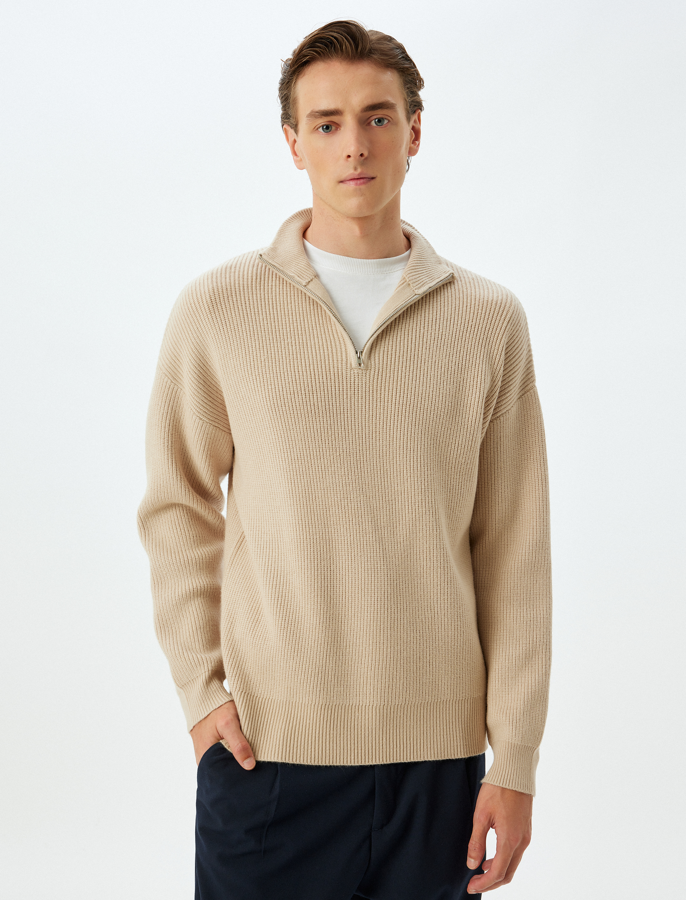   Kışlık Triko Kazak Yarım Fermuarlı Basic Dokulu Viskon Karışımlı