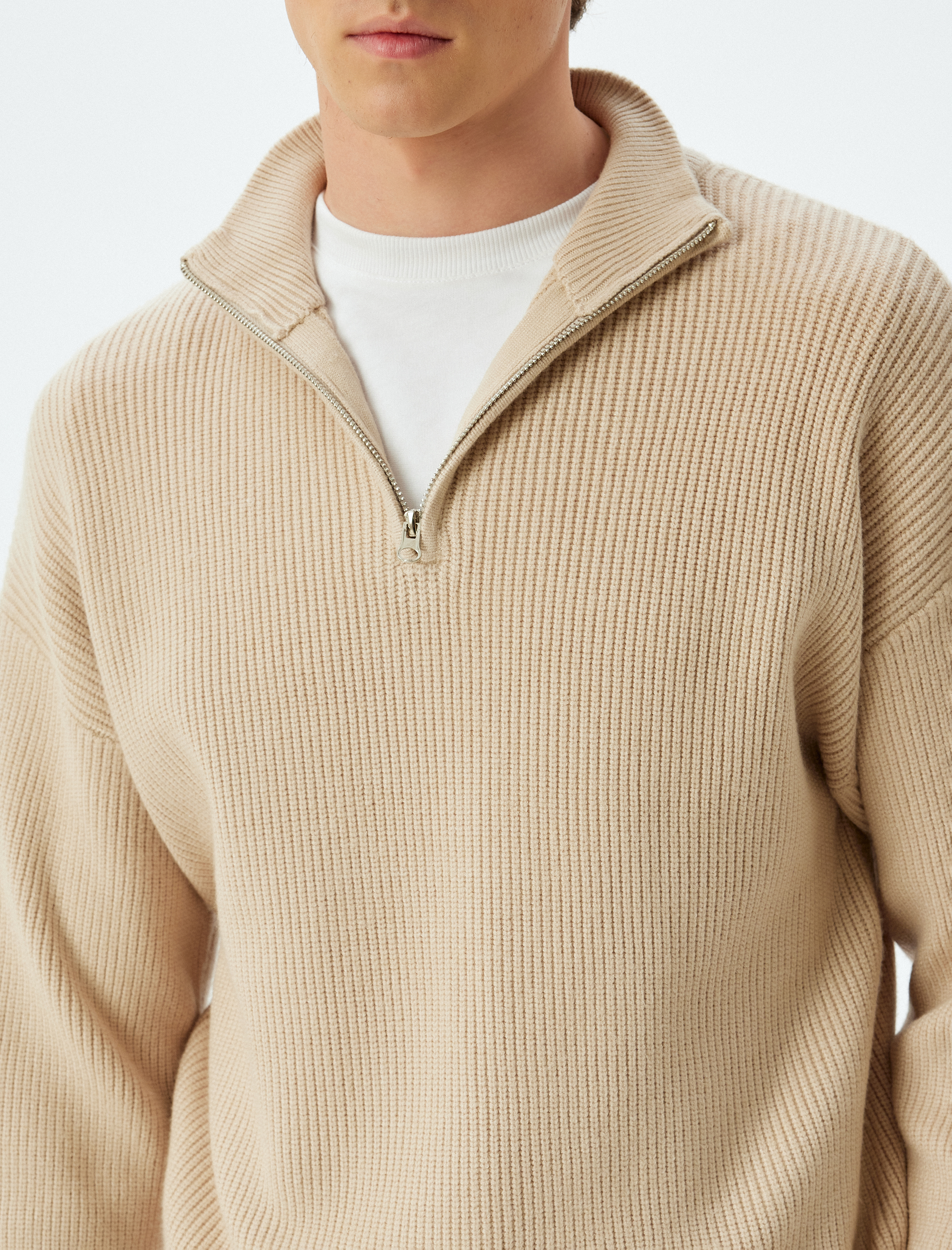   Kışlık Triko Kazak Yarım Fermuarlı Basic Dokulu Viskon Karışımlı