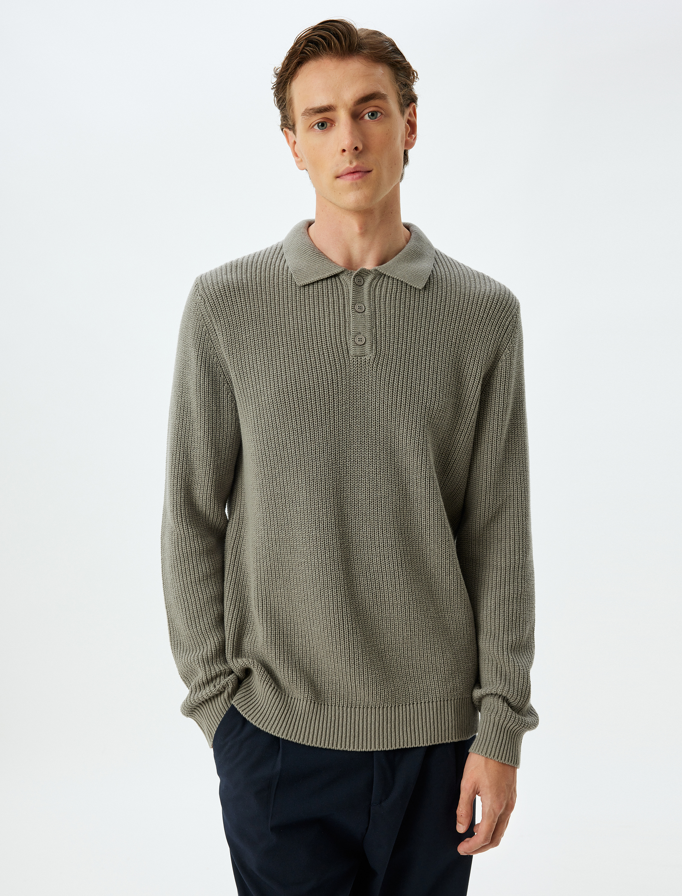   Kışlık Triko Kazak Polo Yaka Basic Düğmeli Pamuklu