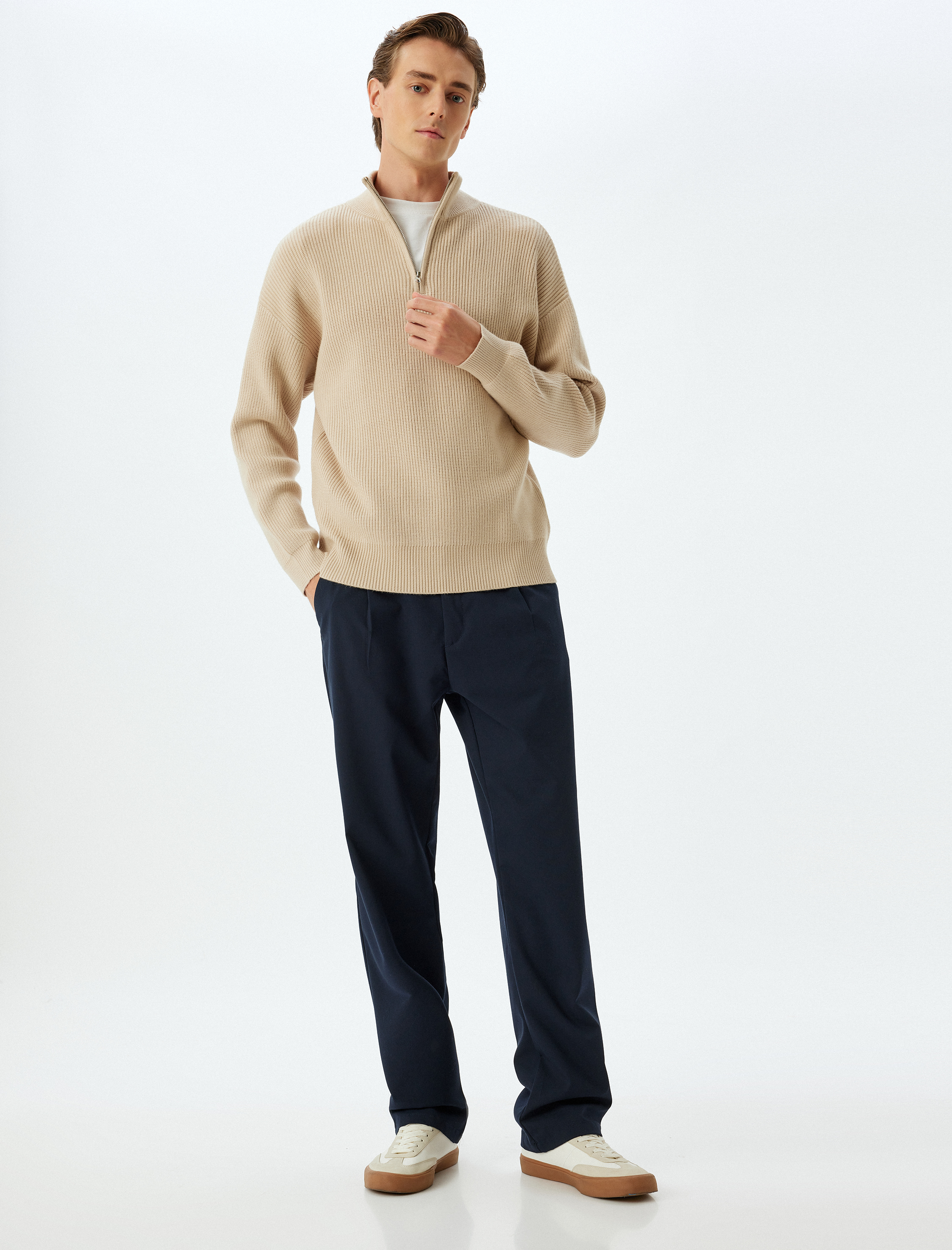   Kışlık Triko Kazak Yarım Fermuarlı Basic Dokulu Viskon Karışımlı