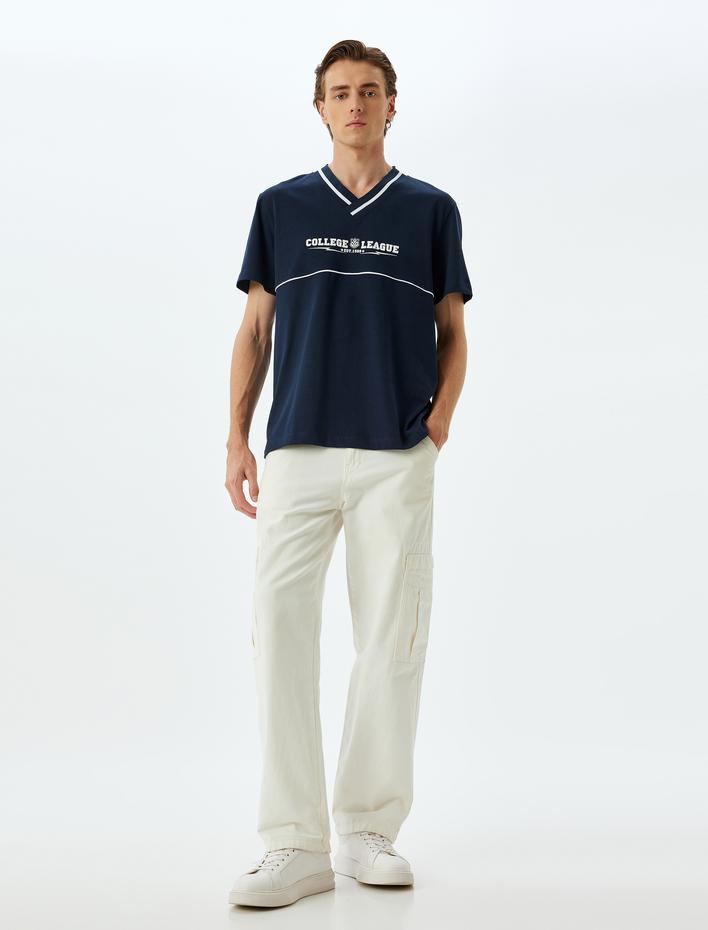  Slogan Baskılı Pamuklu V Yaka Kısa Kollu Tişört