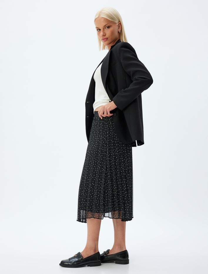  Yüksek Bel Astarlı Midi Boy Puantiyeli Pileli Şifon Etek