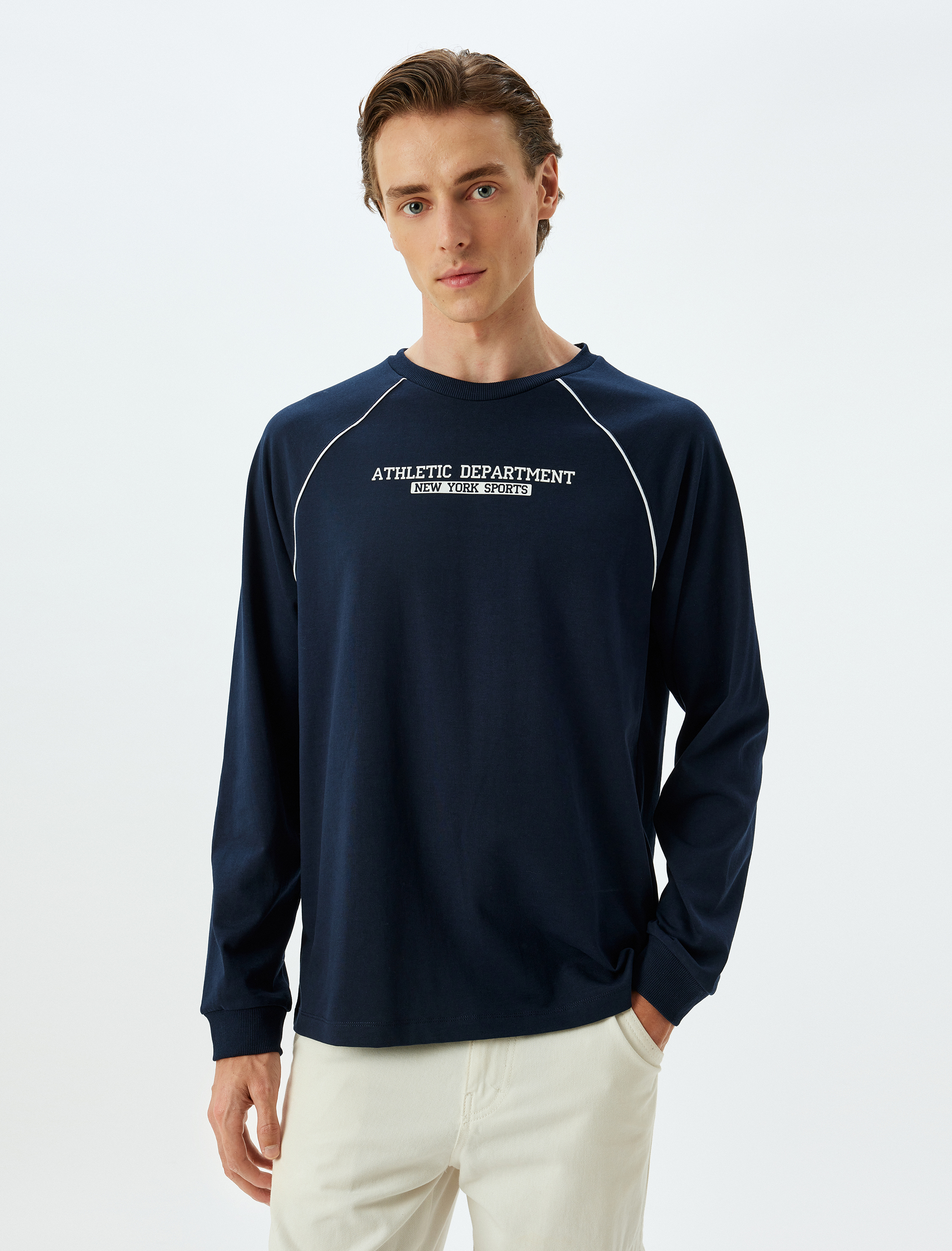   Slogan Baskılı Tişört Uzun Kollu Bisiklet Yaka Pamuklu