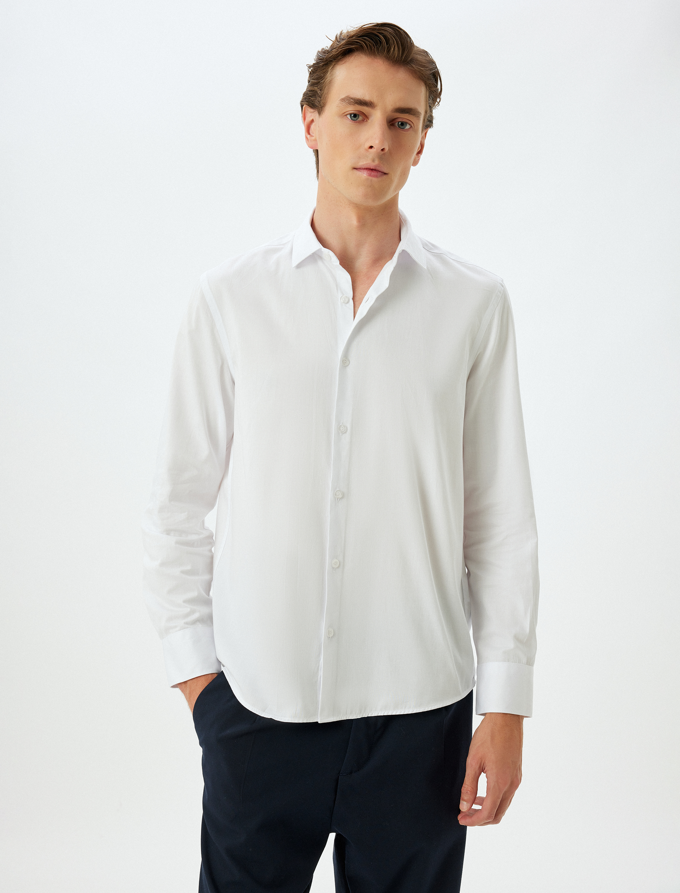   Slim Fit Gömlek Uzun Kollu Yarım İtalyan Yaka Pamuklu