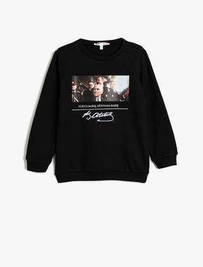 Atatürk Baskılı Sweatshirt Şardonlu Bisiklet Yaka Uzun Kollu