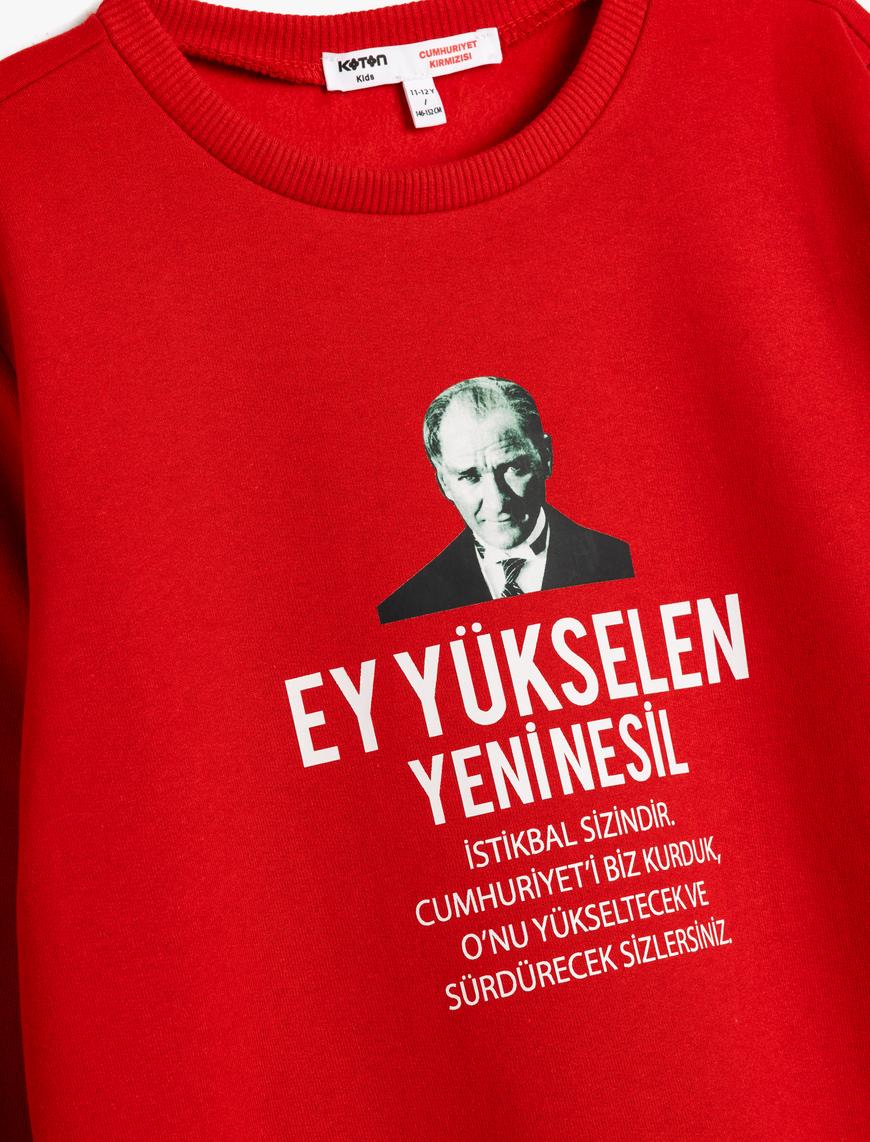  Erkek Çocuk Atatürk Baskılı Sweatshirt Şardonlu Bisiklet Yaka Uzun Kollu