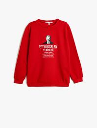 Atatürk Baskılı Sweatshirt Şardonlu Bisiklet Yaka Uzun Kollu