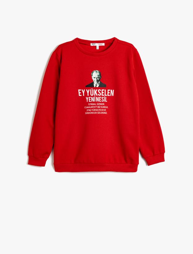 Atatürk Baskılı Sweatshirt Şardonlu Bisiklet Yaka Uzun Kollu_0