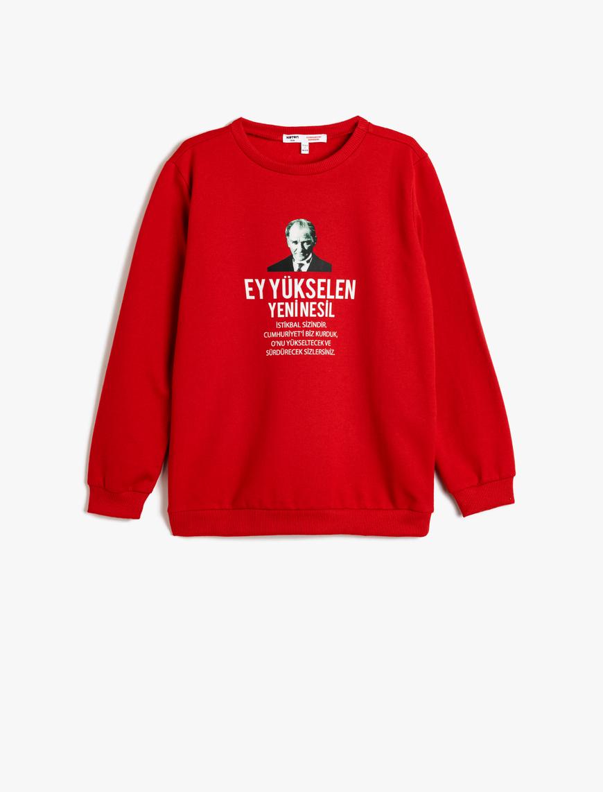  Erkek Çocuk Atatürk Baskılı Sweatshirt Şardonlu Bisiklet Yaka Uzun Kollu