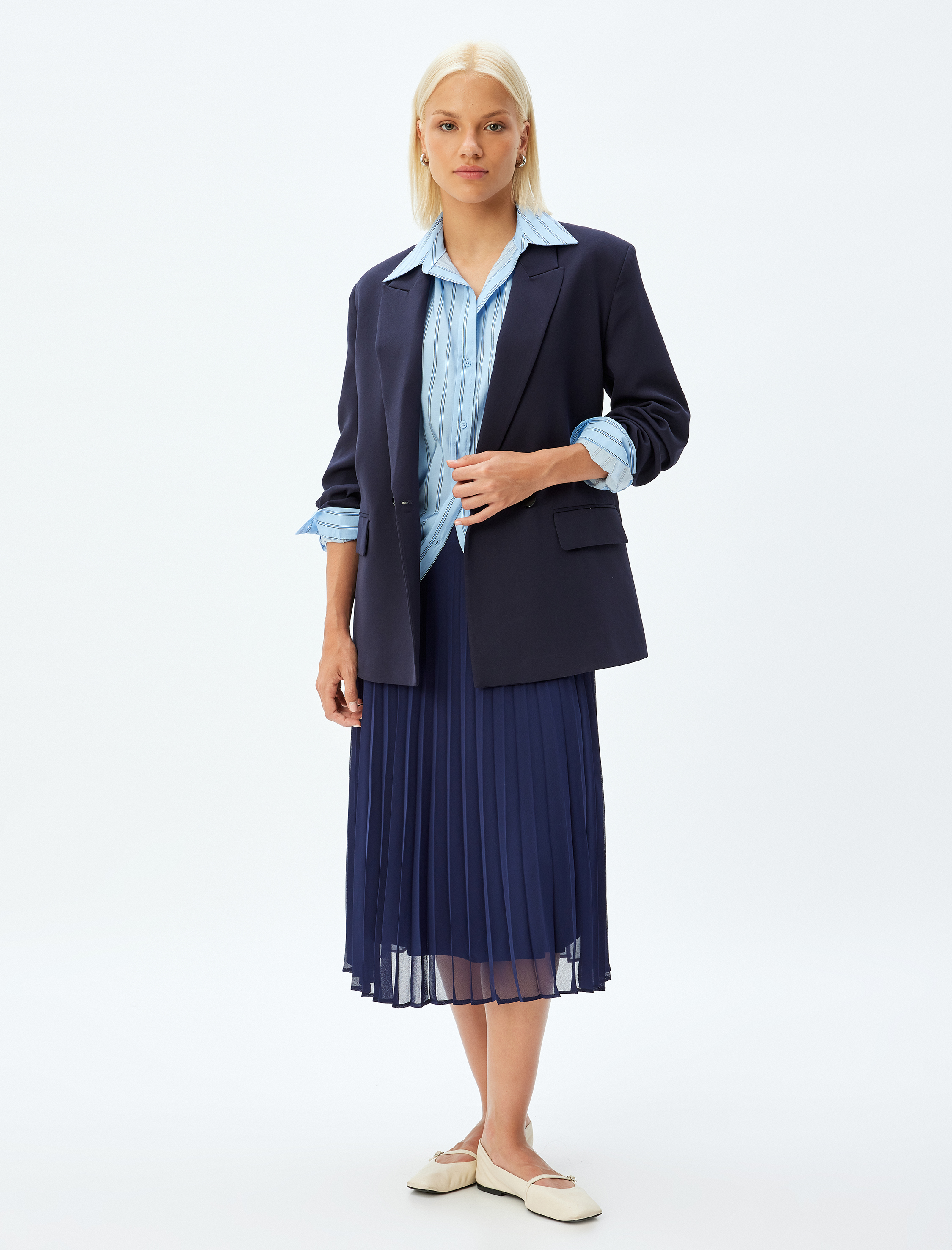   Astarlı Yüksek Bel Midi Boy Şifon Pileli Etek