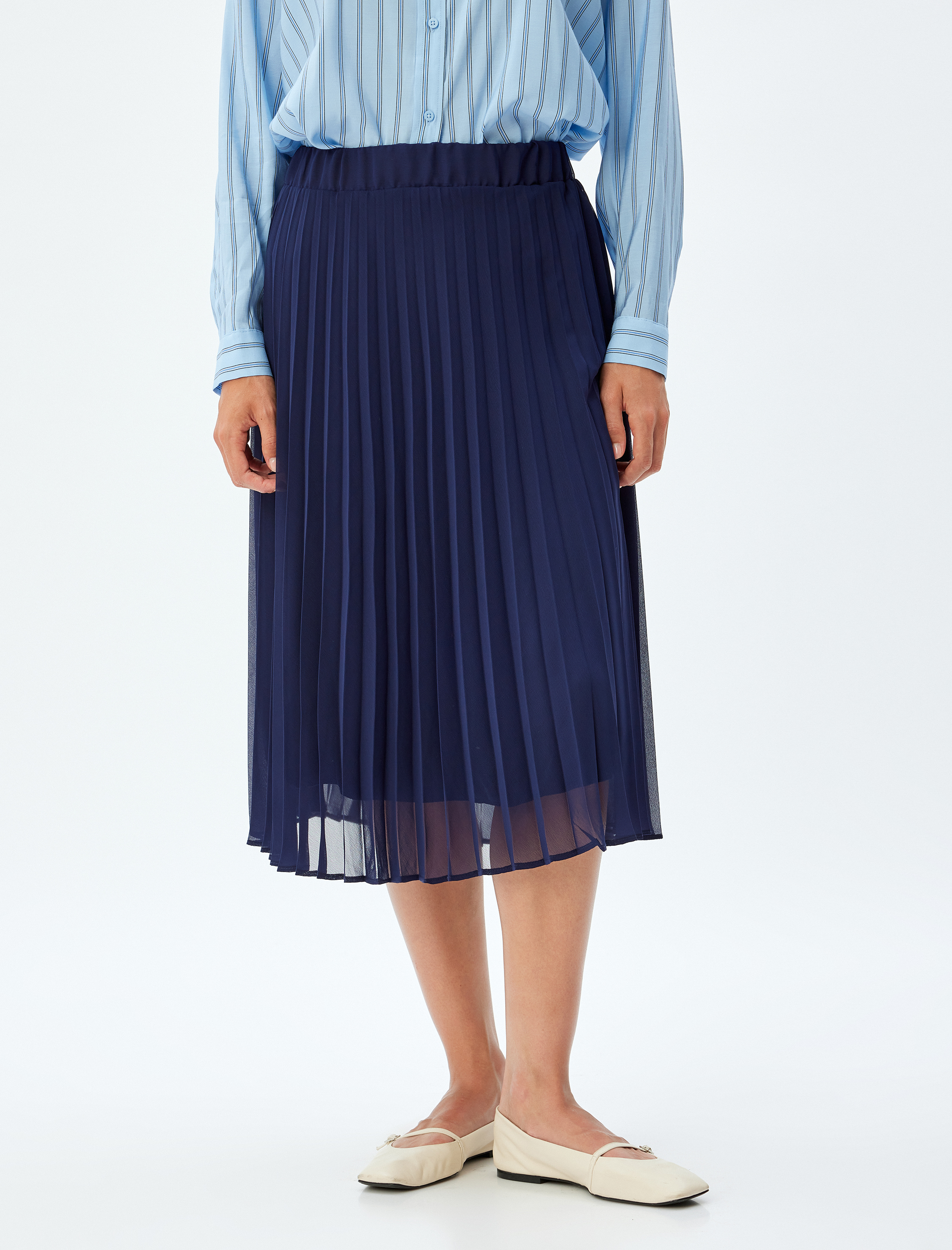   Astarlı Yüksek Bel Midi Boy Şifon Pileli Etek