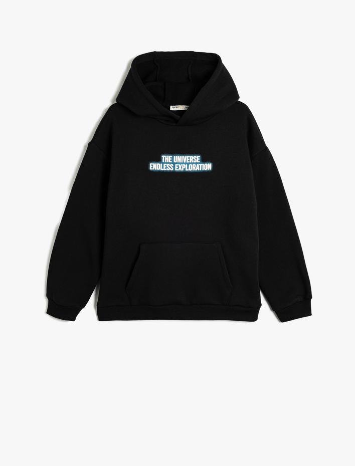 Erkek Çocuk Kapşonlu Sweatshirt Slogan Baskılı Uzun Kollu Şardonlu