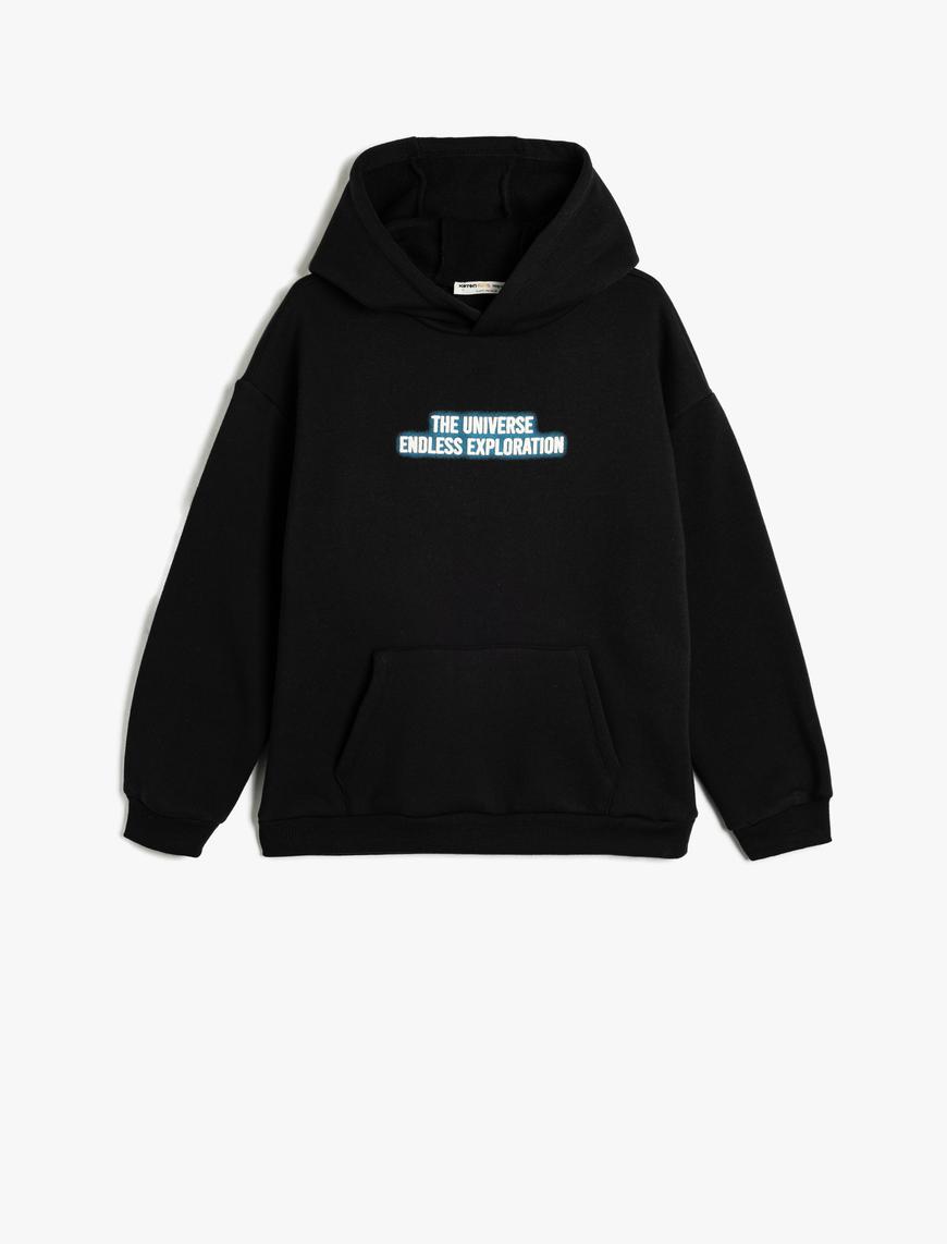  Erkek Çocuk Kapşonlu Sweatshirt Slogan Baskılı Uzun Kollu Şardonlu
