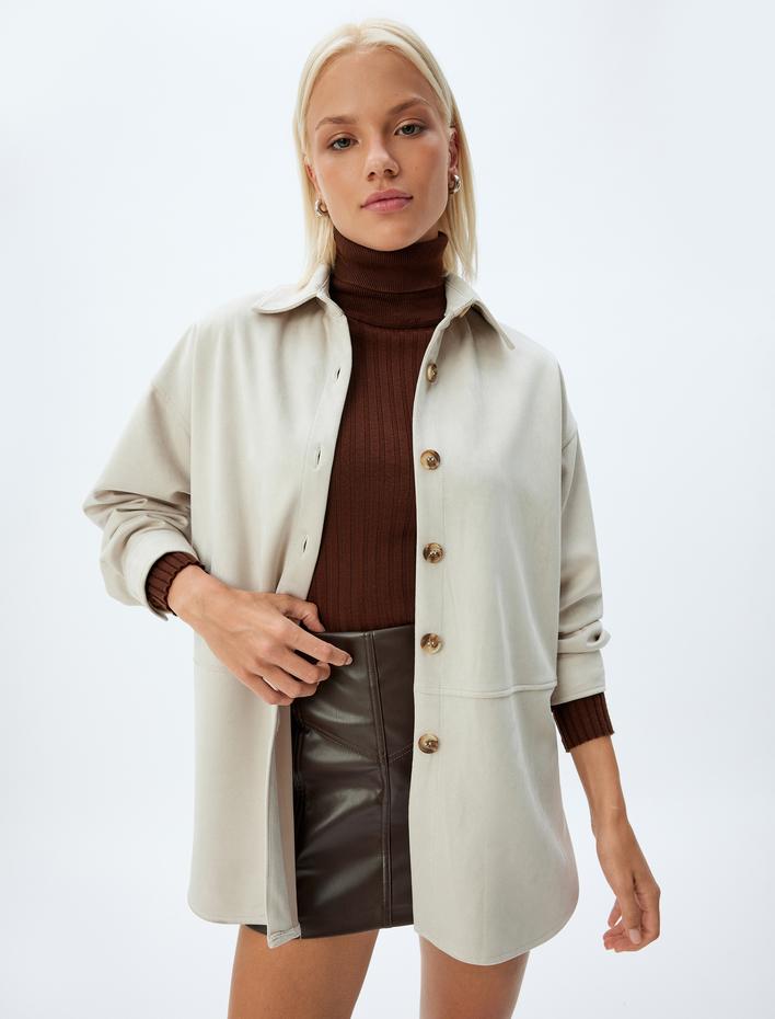  Uzun Kollu Düğmeli Suni Süet Gömlek Ceket