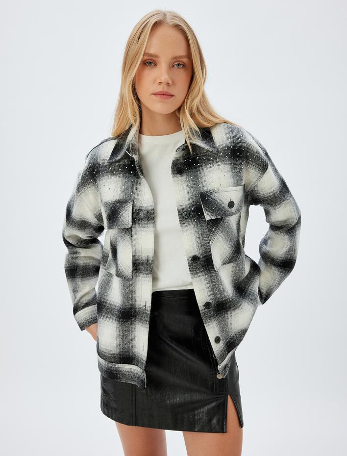  Taşlı Gömlek Ceket Uzun Kollu Kalça Boy Kapaklı Cep Detaylı