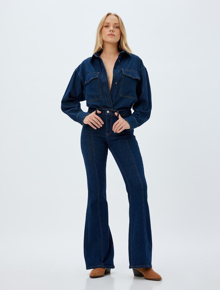  İspanyol Paça Kot Pantolon Nervürlü Dar Kalıp Normal Bel Düğmeli - Flare Jeans
