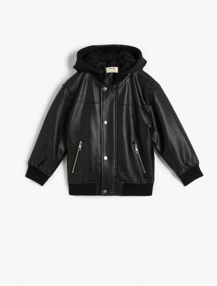 Erkek Çocuk Kapşonlu Ceket Deri Görünümlü Fermuar Detaylı Çıtçıt Kapamalı