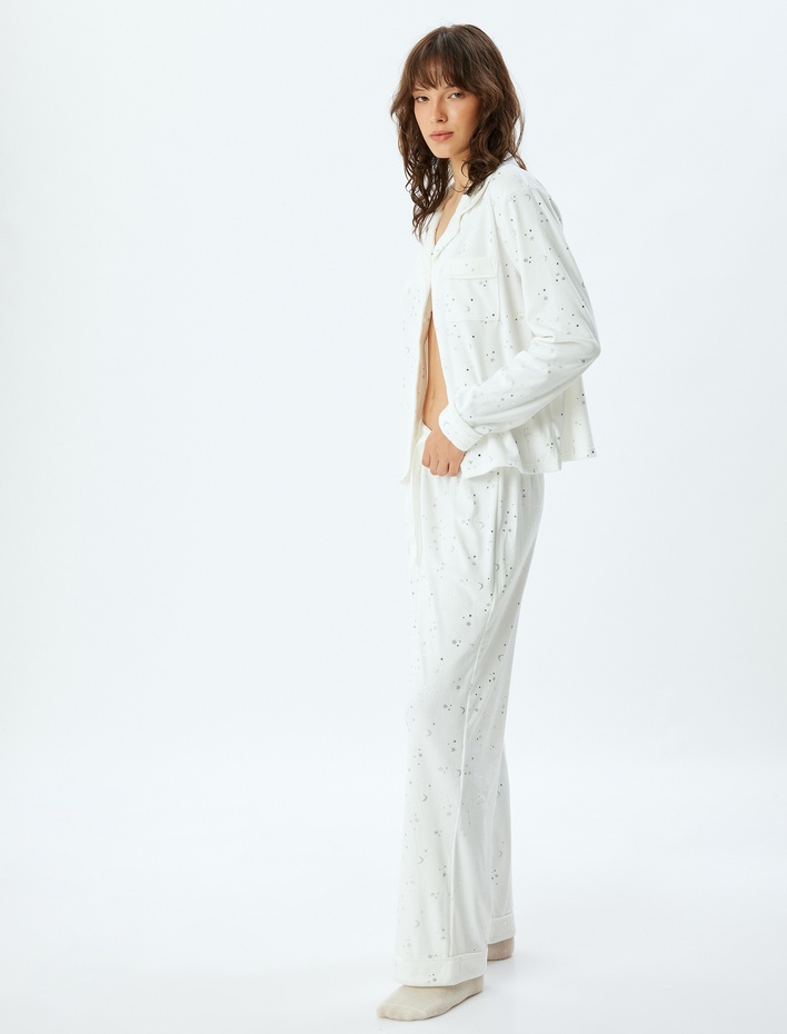  Polar Pijama Üstü Düğmeli Gömlek Yaka Parıltılı Yıldız ve Ay Baskılı
