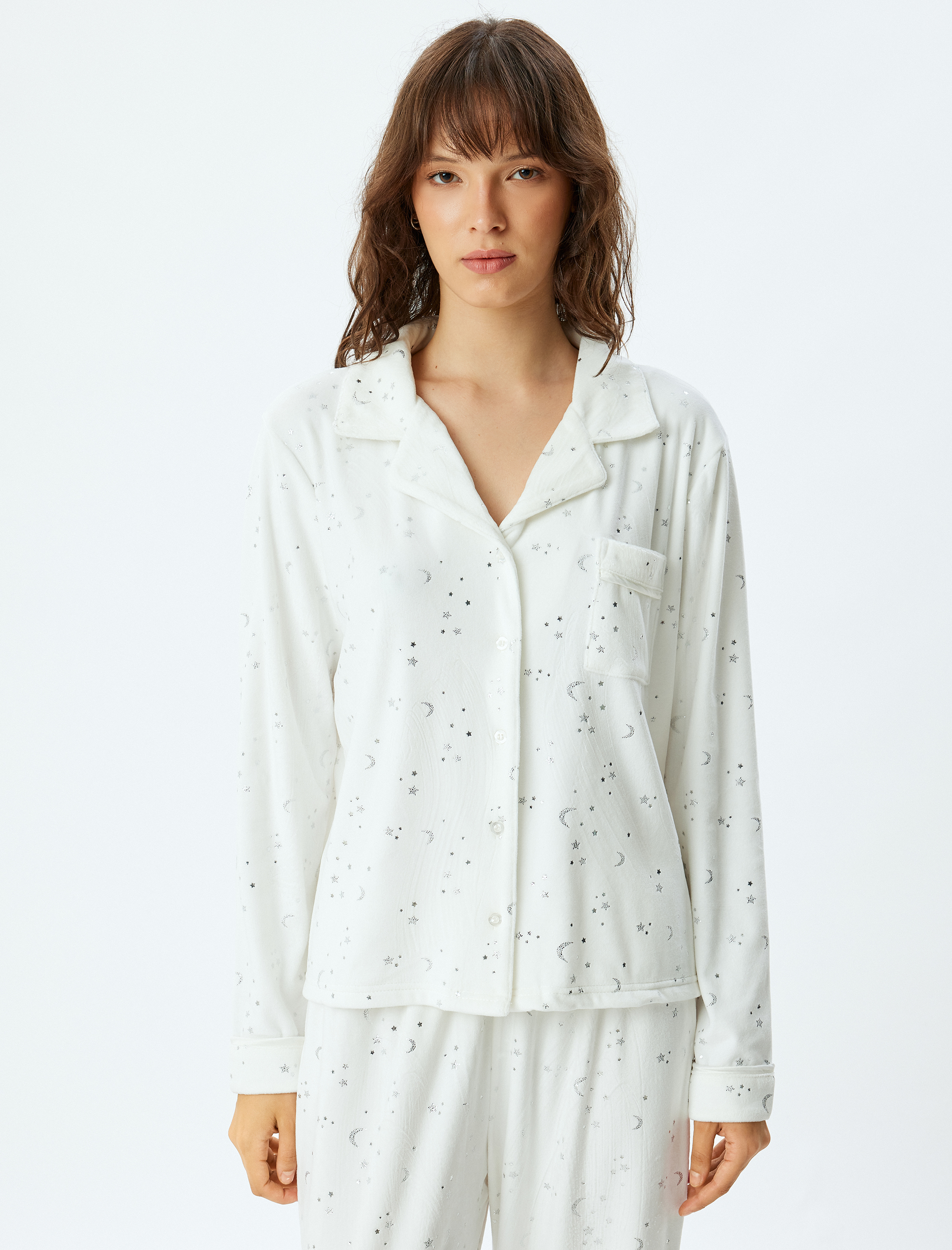   Polar Pijama Üstü Düğmeli Gömlek Yaka Parıltılı Yıldız ve Ay Baskılı