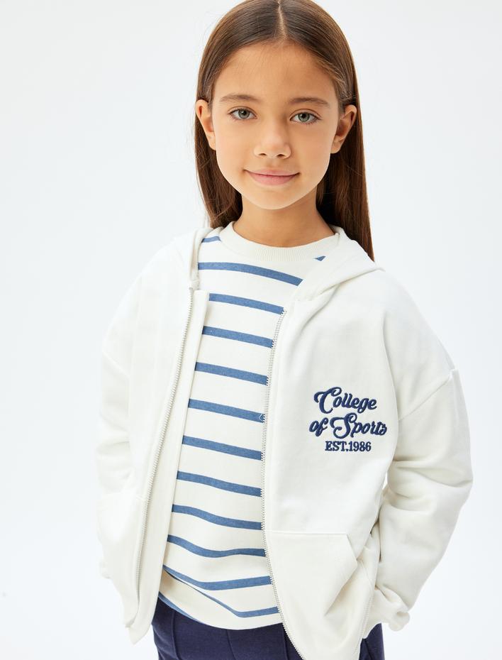 Kız Çocuk Fermuarlı Sweatshirt Kapşonlu İşleme Detaylı Pamuklu Kanguru Cepli