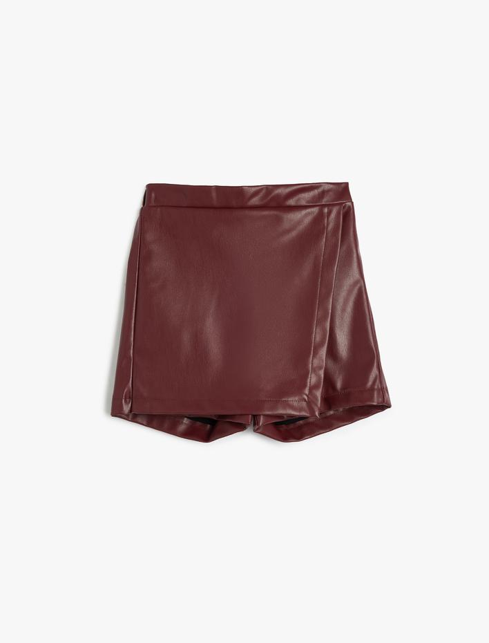 Kız Çocuk Deri Görünümlü Beli Lastikli Kruvaze Şort Etek