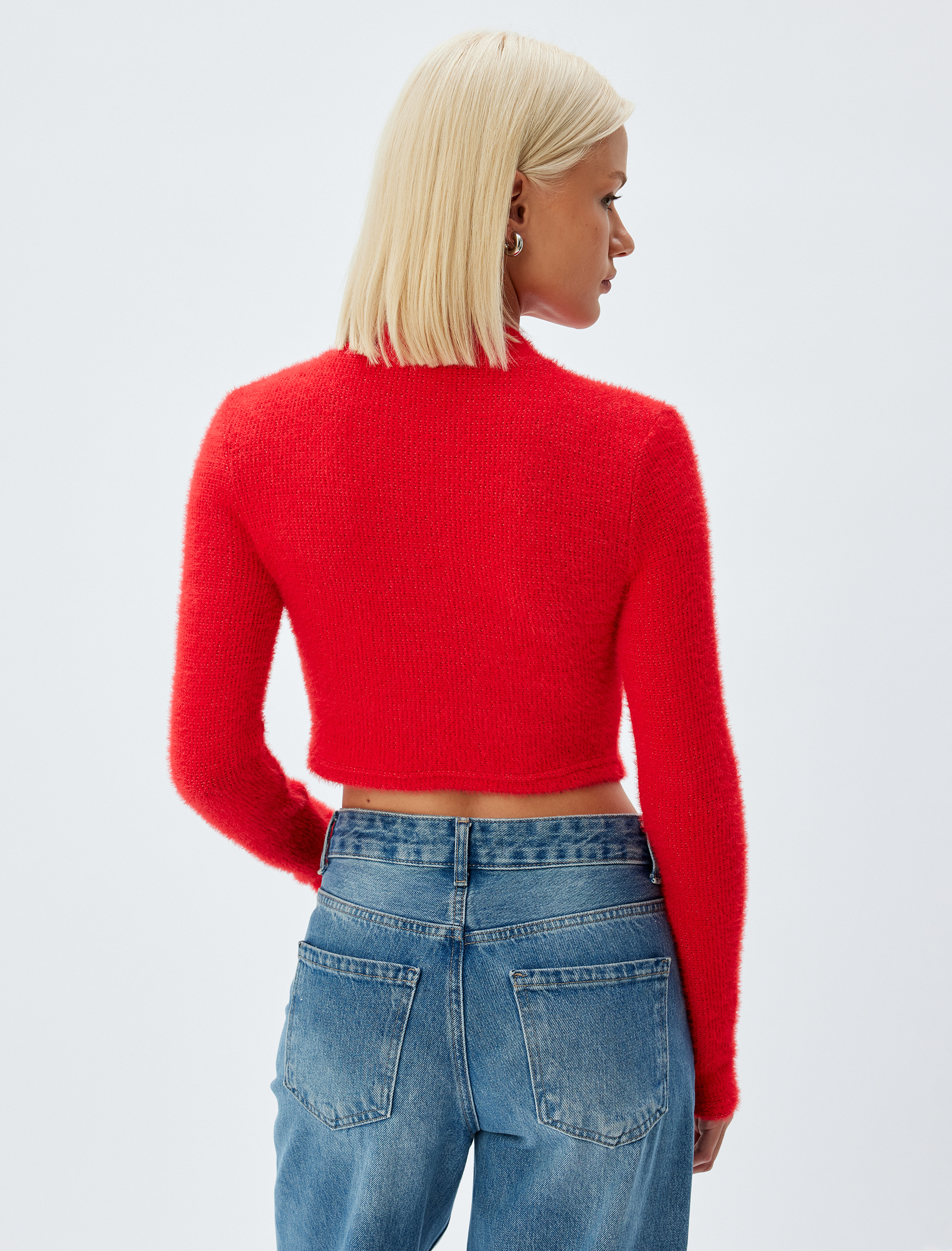 Crop Triko Kazak Uzun Kollu Yuvarlak Hafif Dik Yaka Slim Fit