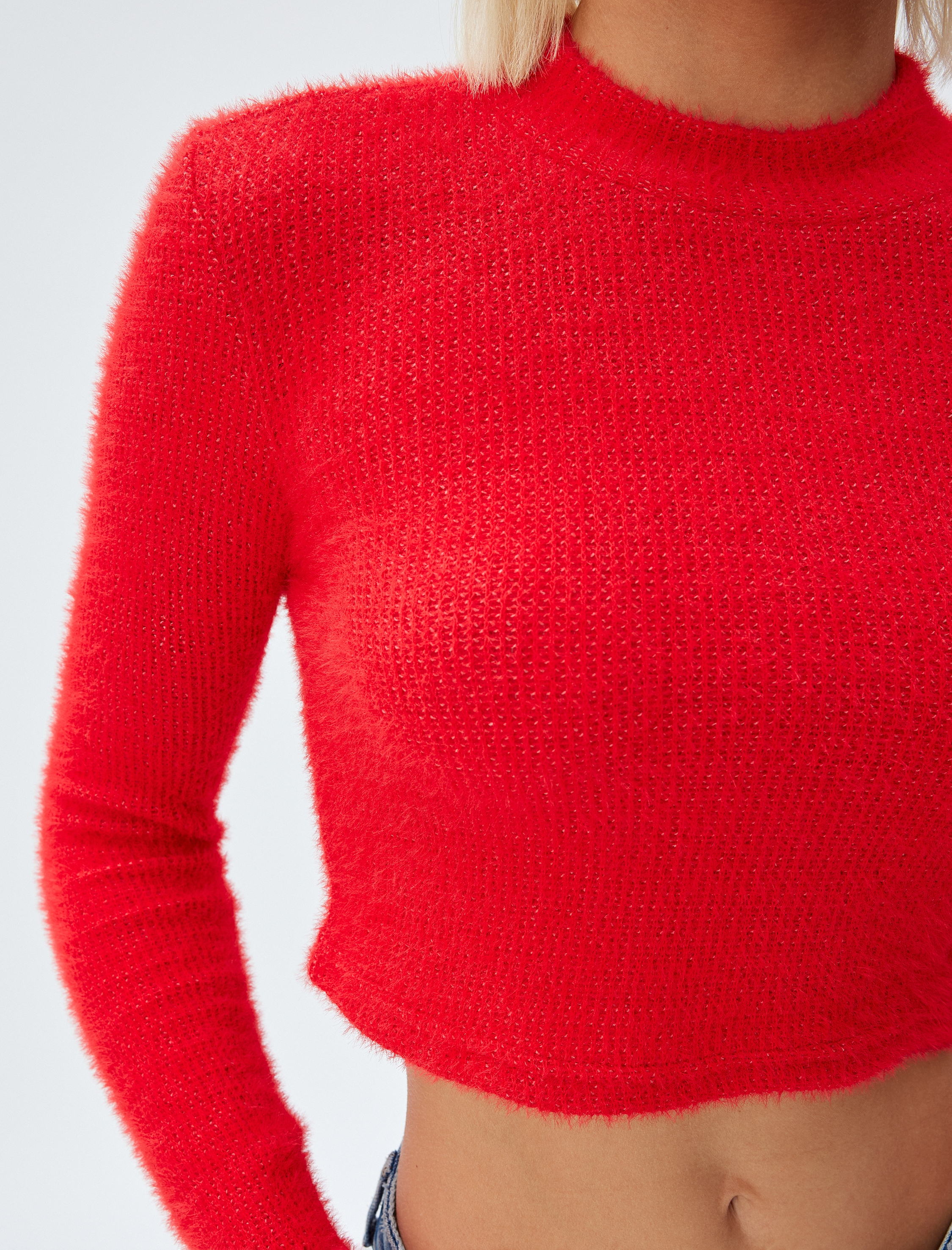 Crop Triko Kazak Uzun Kollu Yuvarlak Hafif Dik Yaka Slim Fit