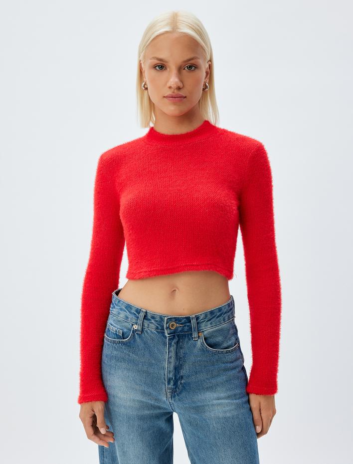  Crop Triko Kazak Uzun Kollu Yuvarlak Hafif Dik Yaka Slim Fit
