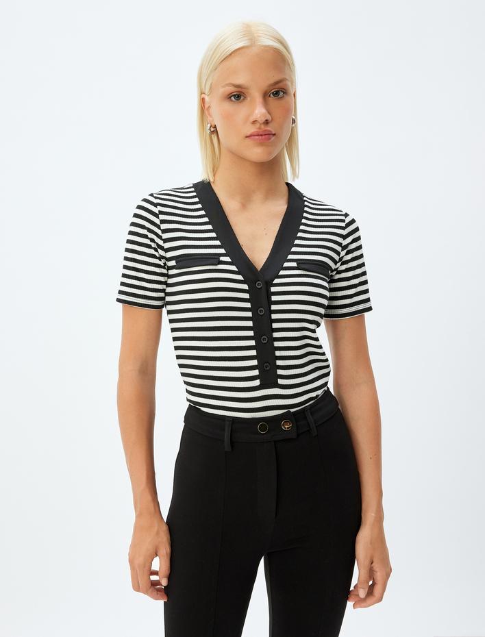  V Yaka Tişört Düğmeli Kısa Kollu Renk Kontrastlı Slim Fit