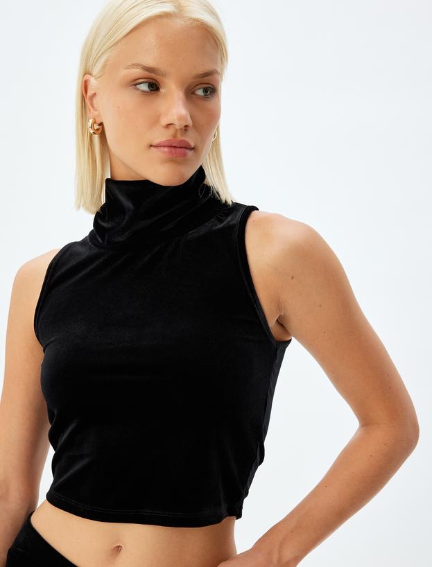 Kadife Crop Top Kolsuz Dik Yaka_0