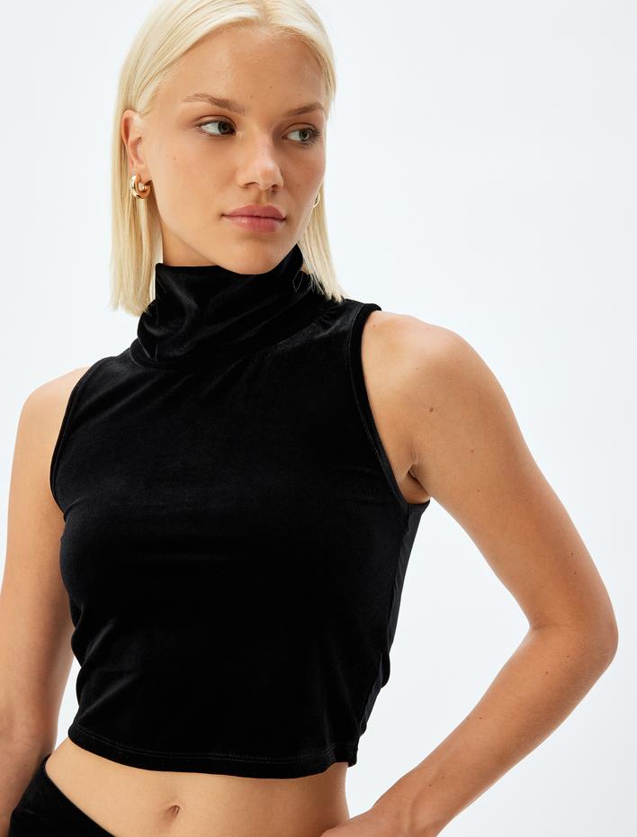  Kadife Crop Top Kolsuz Dik Yaka