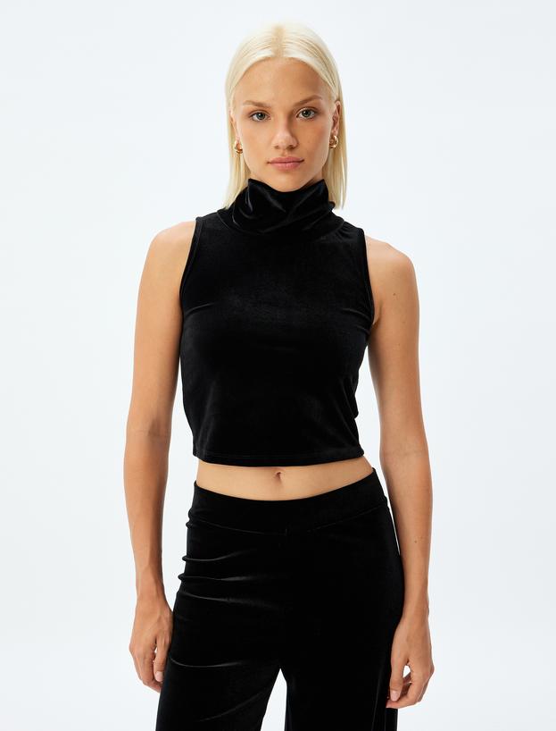 Kadife Crop Top Kolsuz Dik Yaka_2