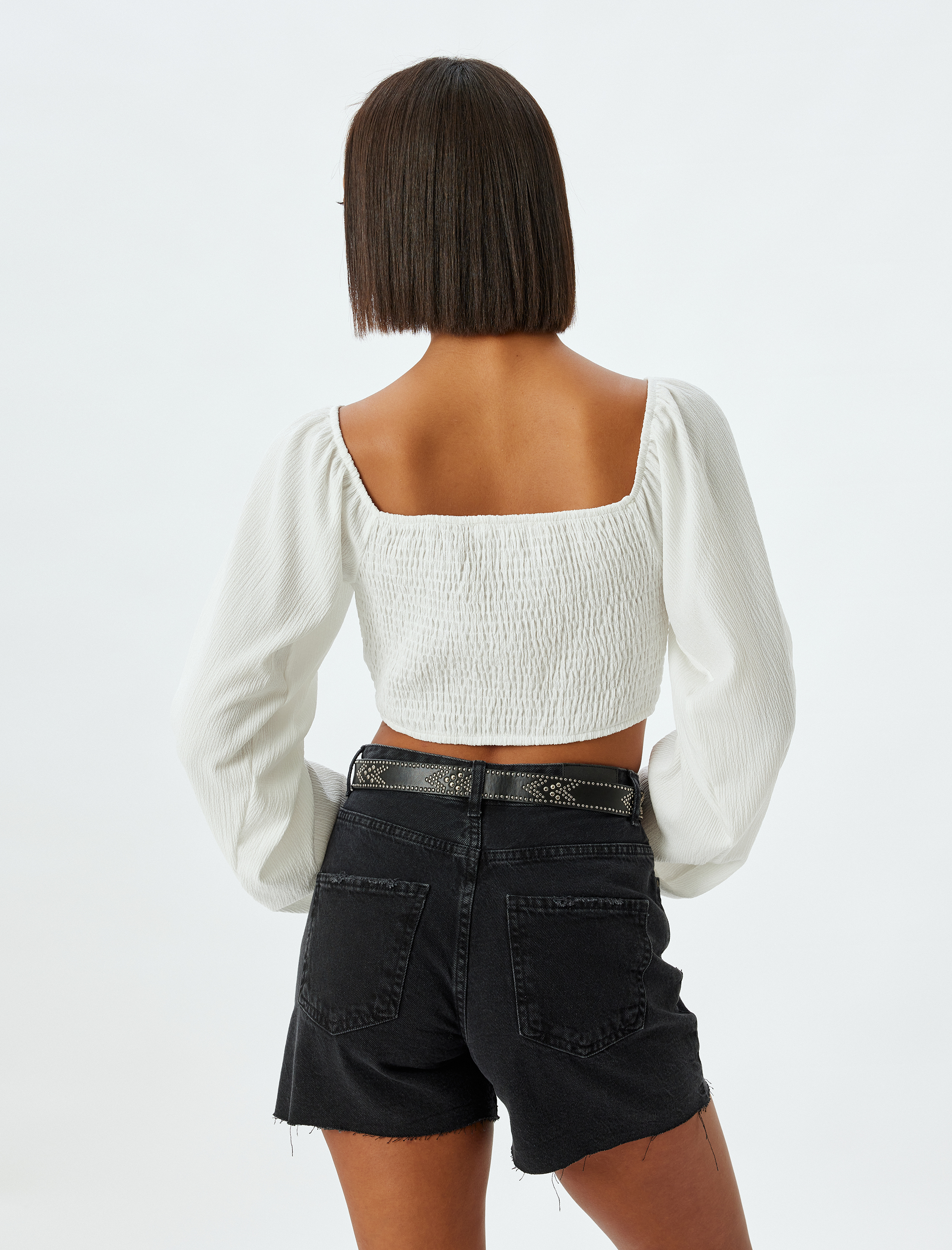   Crop Tişört Balon Kollu Bağcıklı Korse Detaylı Kalp Yaka Bürümcük