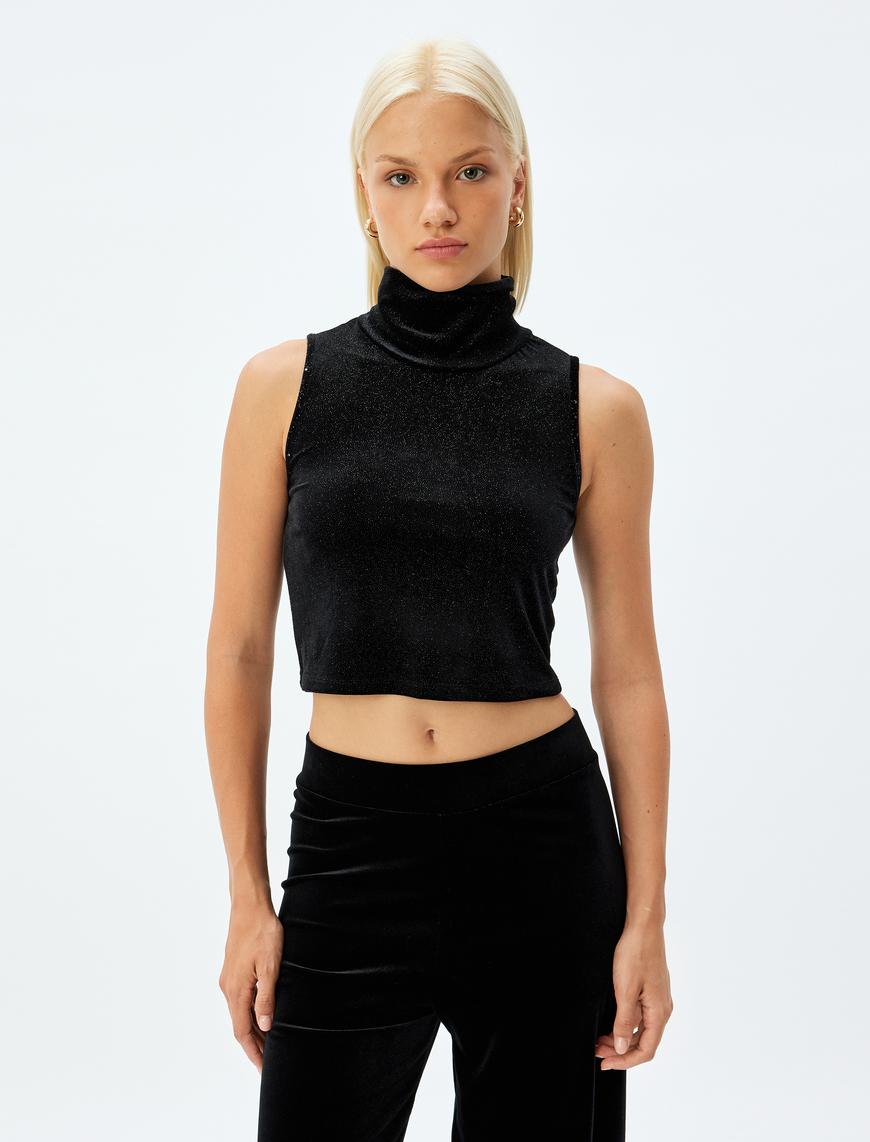   Simli Crop Üst Kolsuz Balıkçı Yaka Slim Fit